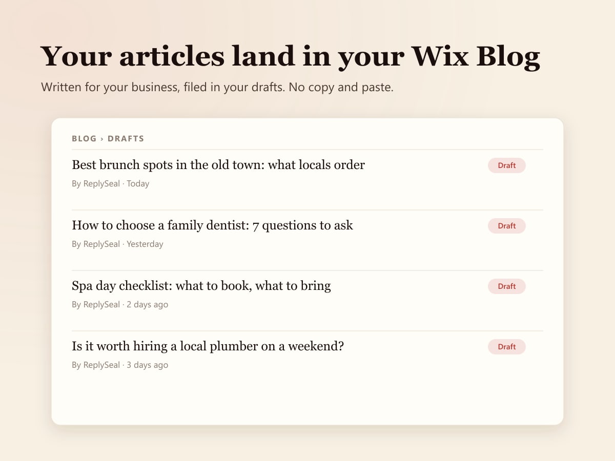 ReplySeal dashboard: daily SEO article drafts